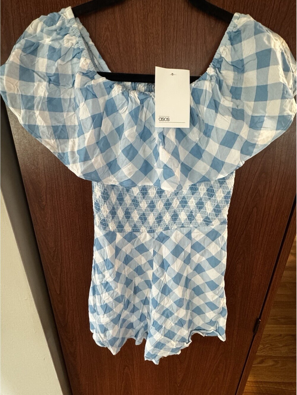 ASOS Romper Womens US 2 NWT Blue White Gingham Puff Sleeve Smocked Cottagecore